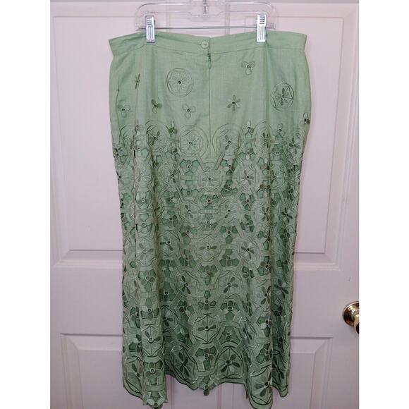 JSong Collection Women's 100% Linen Cutout Lace Midi A-Line Skirt Size 10 Green - Picture 2 of 6